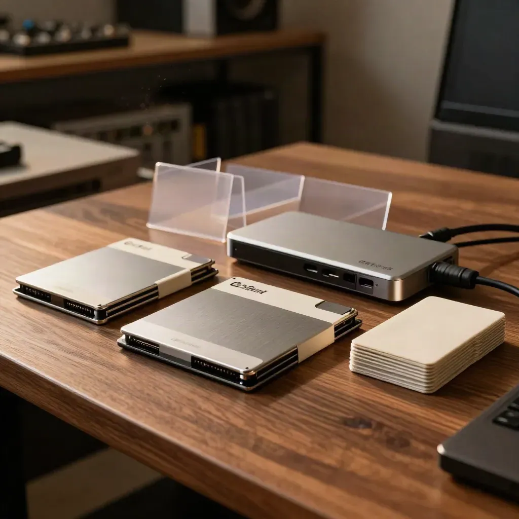 Top-down flat lay of sealed SSDs, blank sleeves, playback hub and cable wraps on a warm studio bench.