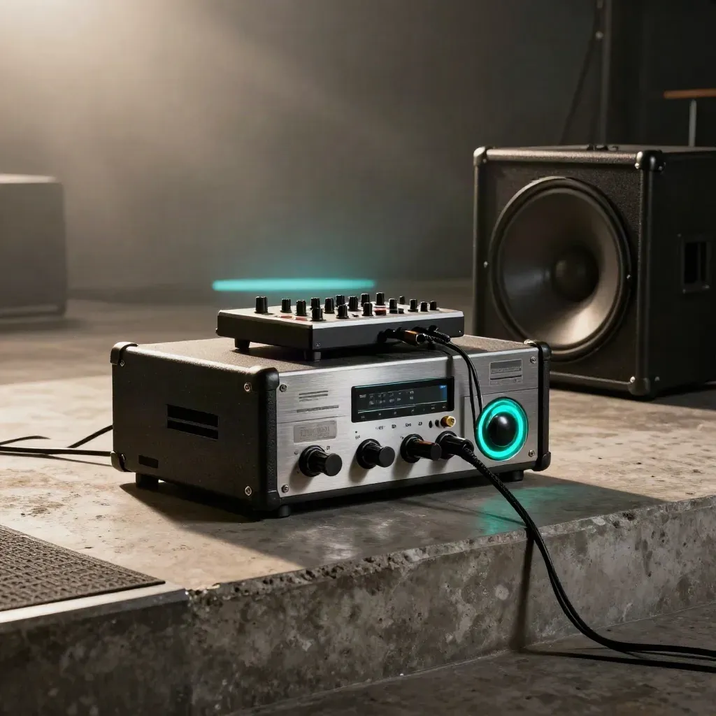 Low stage-floor view of a drill-beat rig with a pulsing subwoofer, drum machine, and cyan glow in haze.