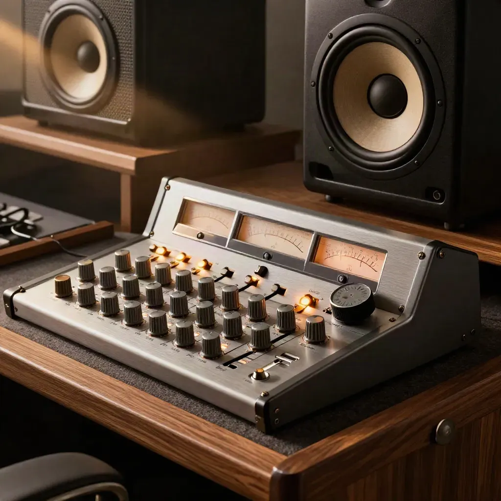 Compressor rack, meter bridge and studio monitor tweeter in dramatic close-up