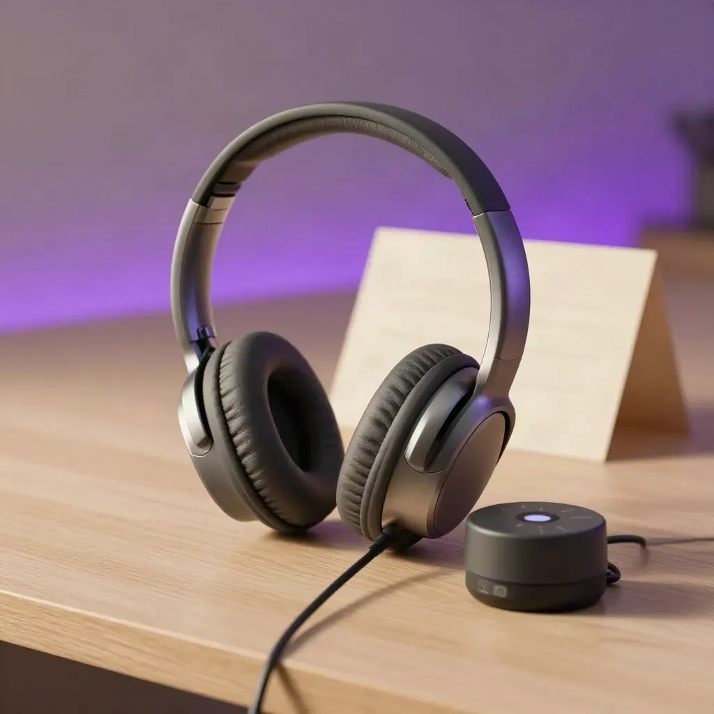 Muted headset, timer, and cable coil on pale wood with a soft purple accent glow.