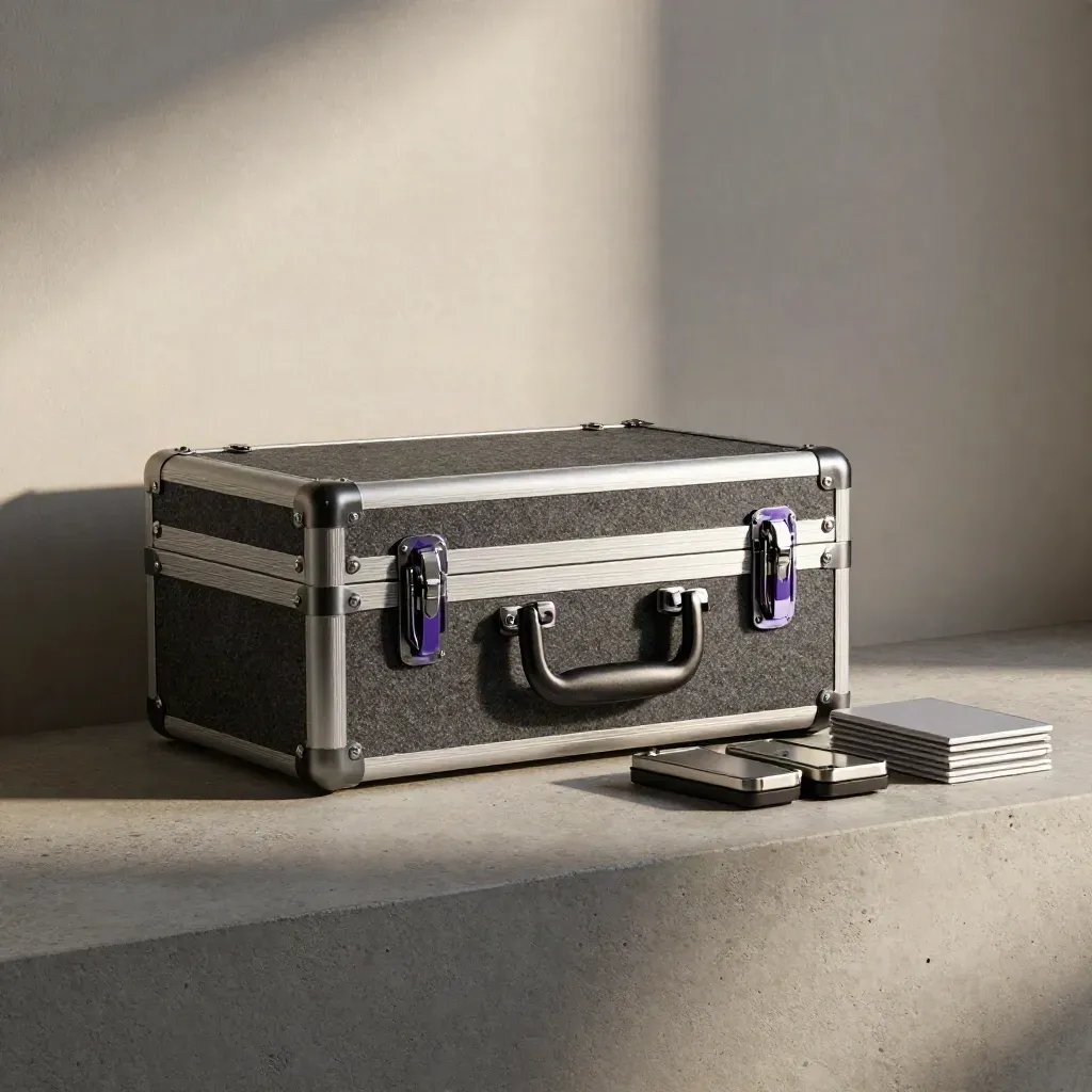 Rugged final-files case with two drives and sleeve stack on stone, lit from the side