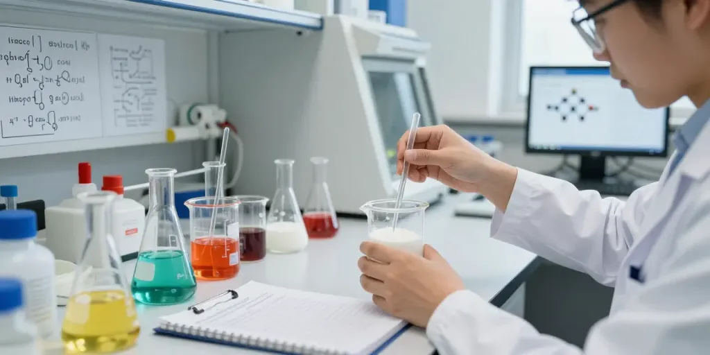 نمودار آزمایشگاه شیمیایی با پژوهشگر در حال کار با اسید استئاریک.